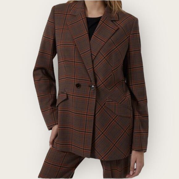 French Connection | Plaid Double-Breasted Blazer | Brown | Size 2 US - Picture 1 of 14